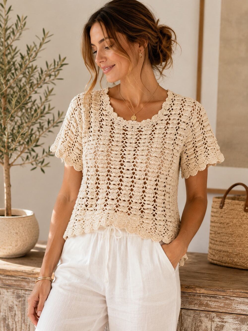 SkImports Vintage Hand Crochet 100% Mercerized Cotton Sweater Top  Boho Size L
